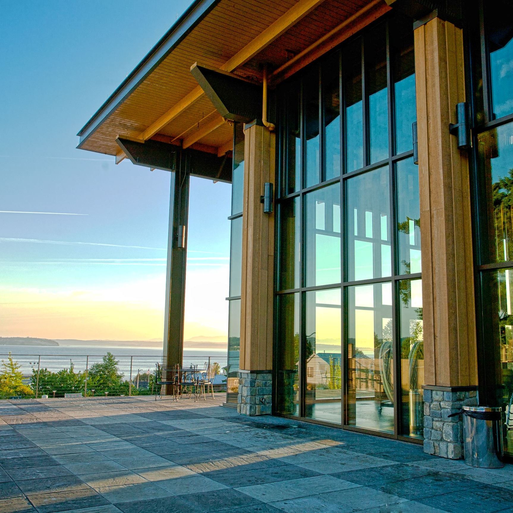 Exterior of Rosehill Community Center with Puget Sound in the background (jpg)